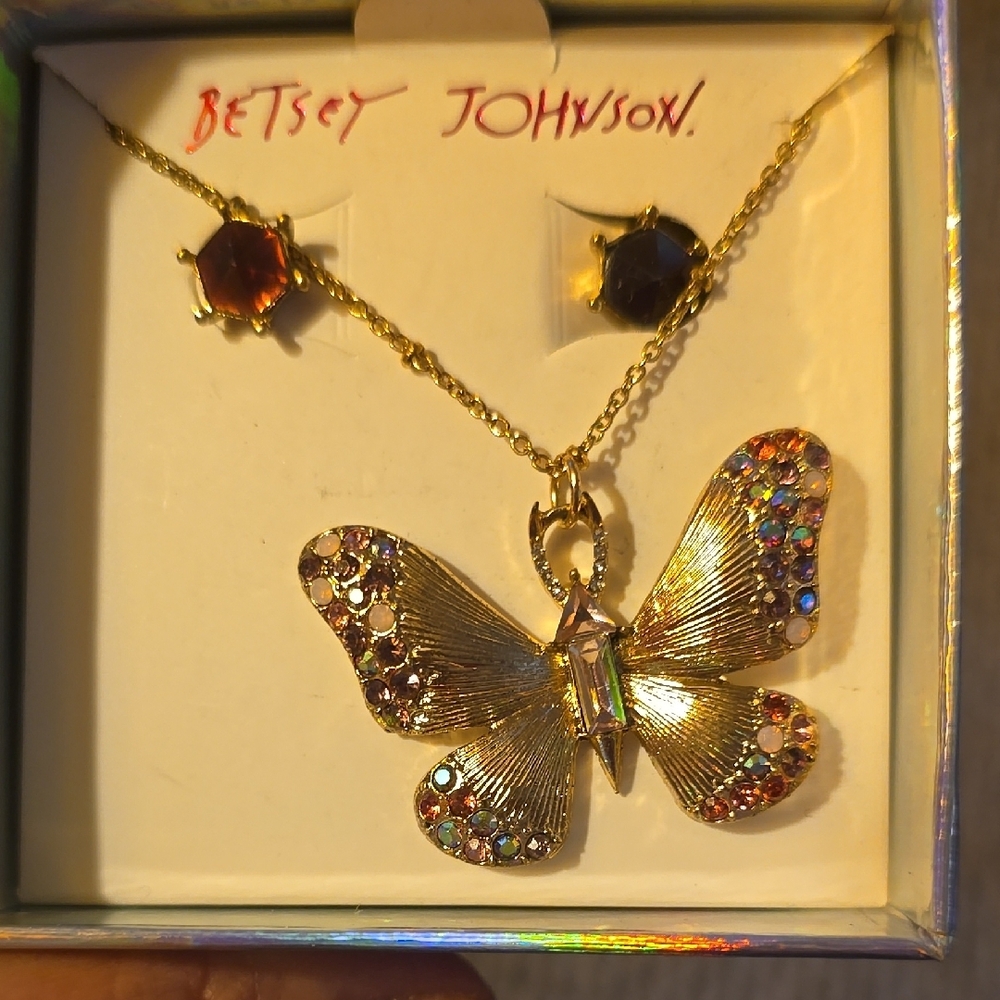 Betsey Johnson Gold Butterfly Necklace and Earrings Set